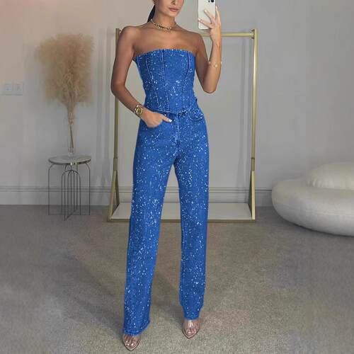 Off shoulder shiny vest pants set for two women