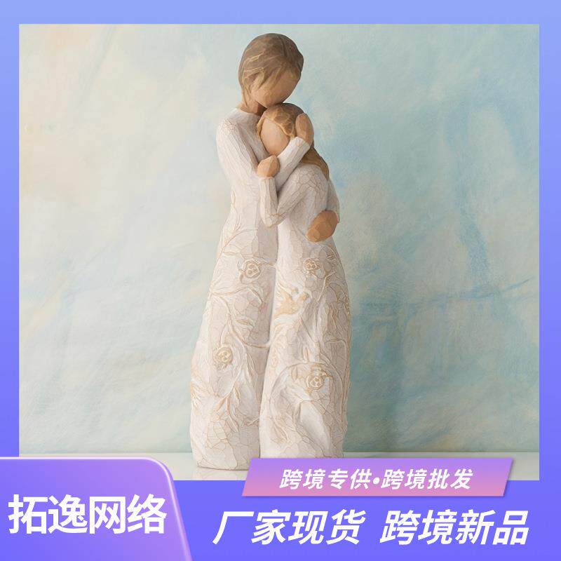 跨境平台姐妹拥抱天使女孩花鸟手绘雕像摆件礼物TemuTk海外仓
