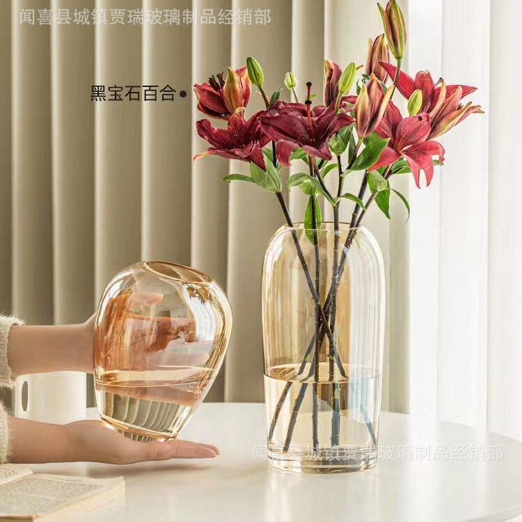 花瓶摆件 客厅插花透明玻璃网红百合鲜花玫瑰水养水培餐桌 高级感