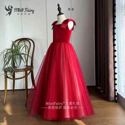 高档迷儿童礼生服女孩钢琴表演礼服酒红色日网主礼服公你小提琴