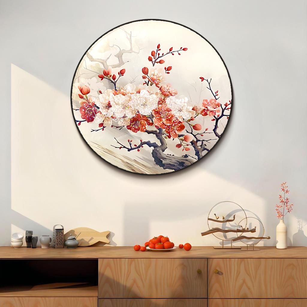 新中式圆形餐厅入户玄关挂画古风墙面艺术壁画jc221梅花6060