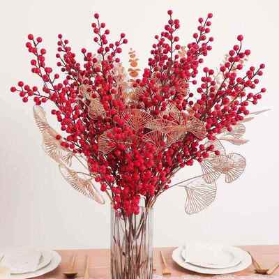 Artificial Red Berry Flowers Bouquet Fake Plant for Home Vas