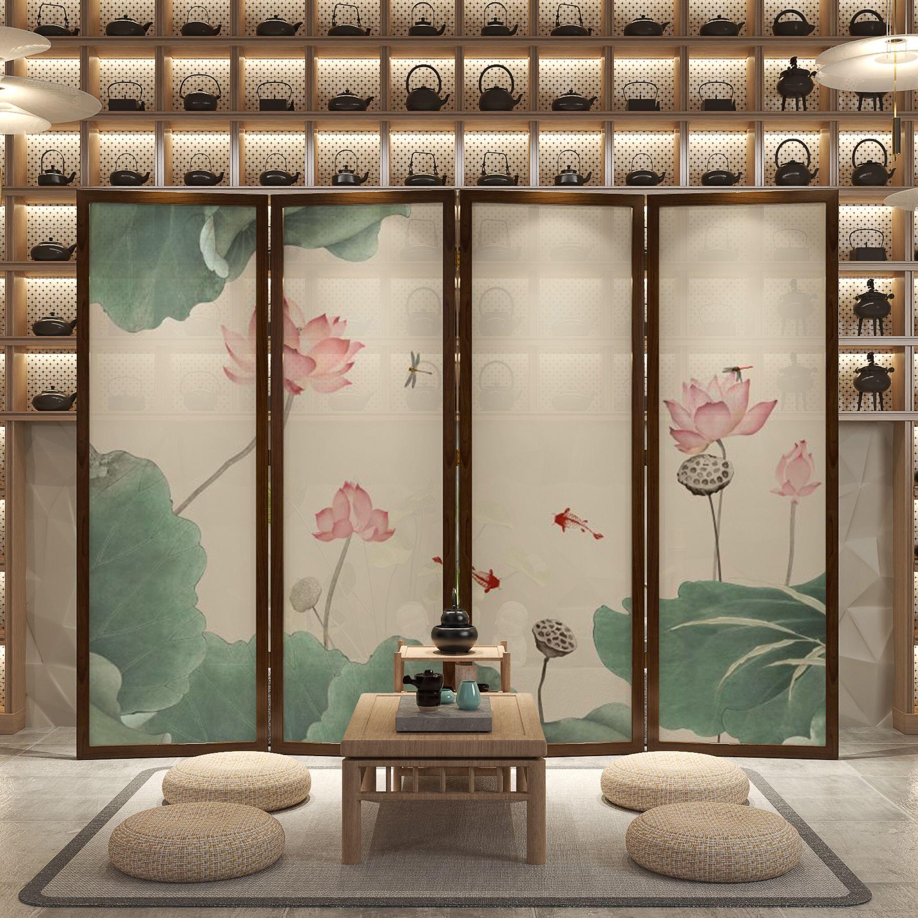 新中式荷花屏风隔断客厅折叠移动现代简约酒店餐厅入户可移动折屏