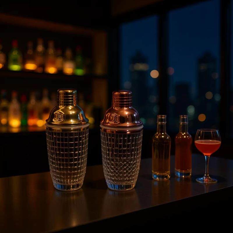 新款玻璃杯调酒器冰花玻璃杯不锈钢盖子调酒杯鸡尾酒调酒器摇摇杯