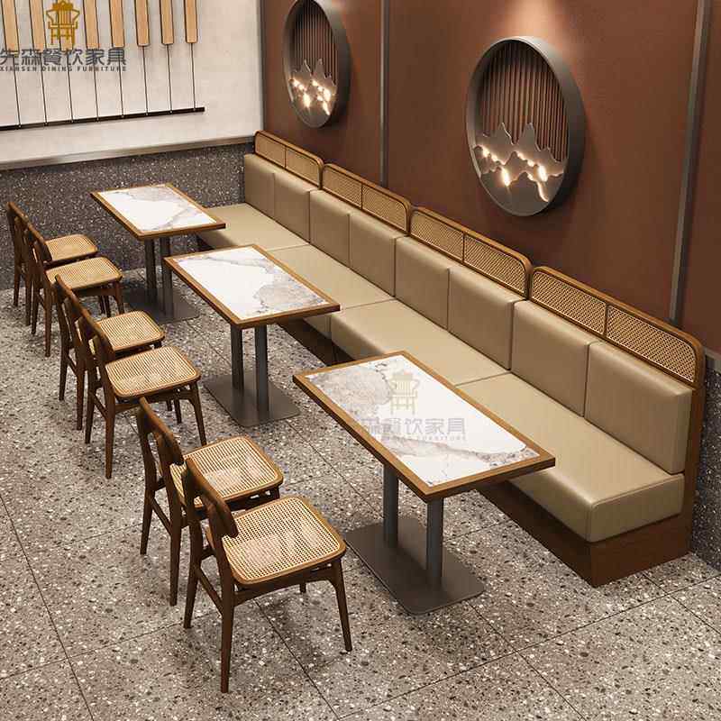 定制主题餐厅饭店实木半圆卡座沙发日料甜品店茶餐厅编藤桌椅组合