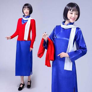 正品江姐出装女红梅演赞成人款蓝色旗袍红岩话剧舞台服红旗表演绣