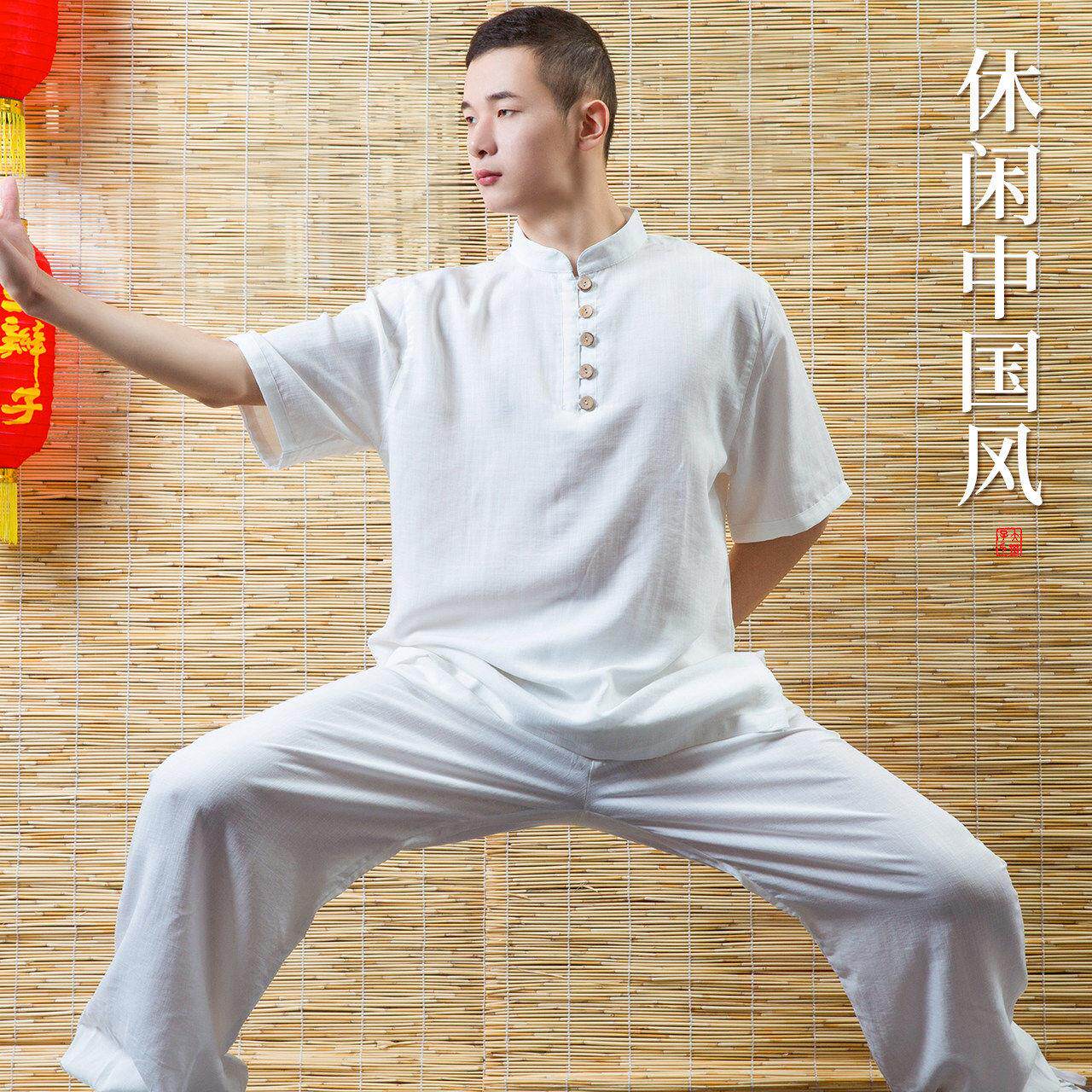 香港棉麻太极服男中国风新款春夏季休闲透气短袖太极拳练功服装