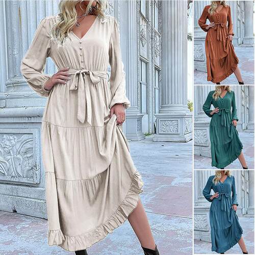 V Neck Pleated Belt Waist Tie Casual Long Sleeve Dress