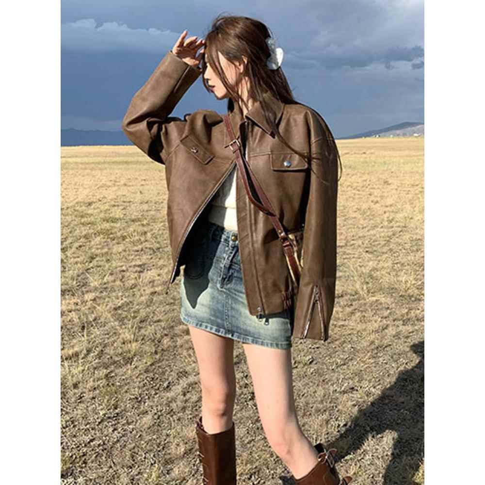 美式复古咖色机车pu皮夹克女春秋季宽松高级感超好看皮衣开衫外套