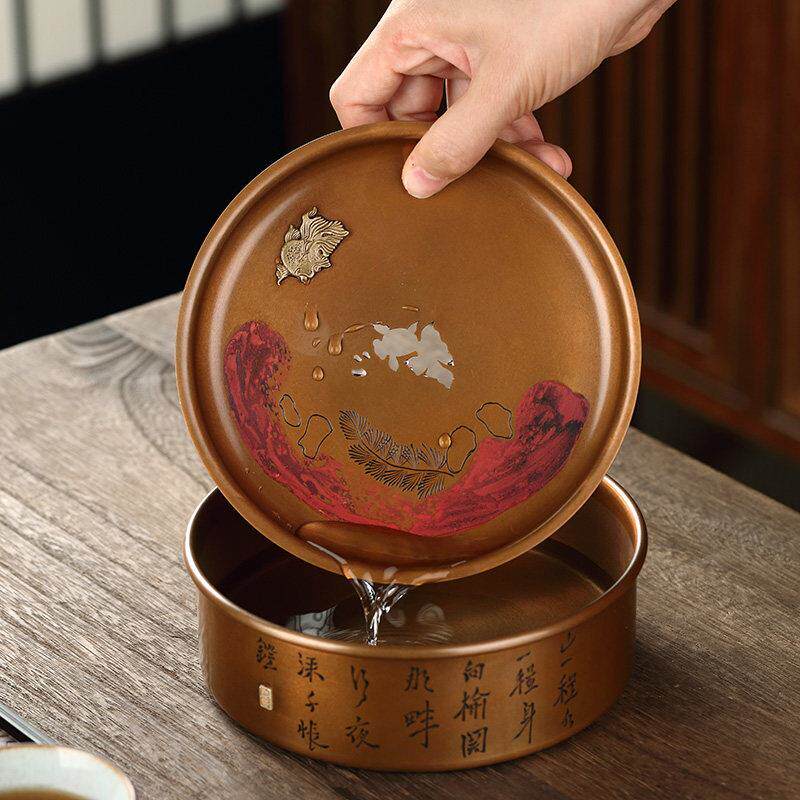 手工圆形镶银紫铜壶承蓄水茶壶垫托茶盘建水茶洗承干泡台功夫茶台