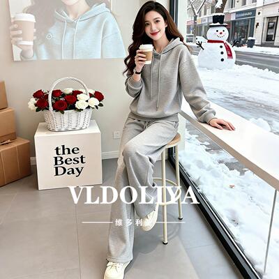 VLDOLIYA维多利亚休闲运动套装女2026春新时尚灰色卫衣阔腿裤套装