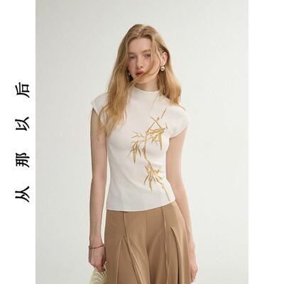 从那以后新中式风黑色短袖针织上衣国风半高领小T恤女修身穿搭夏