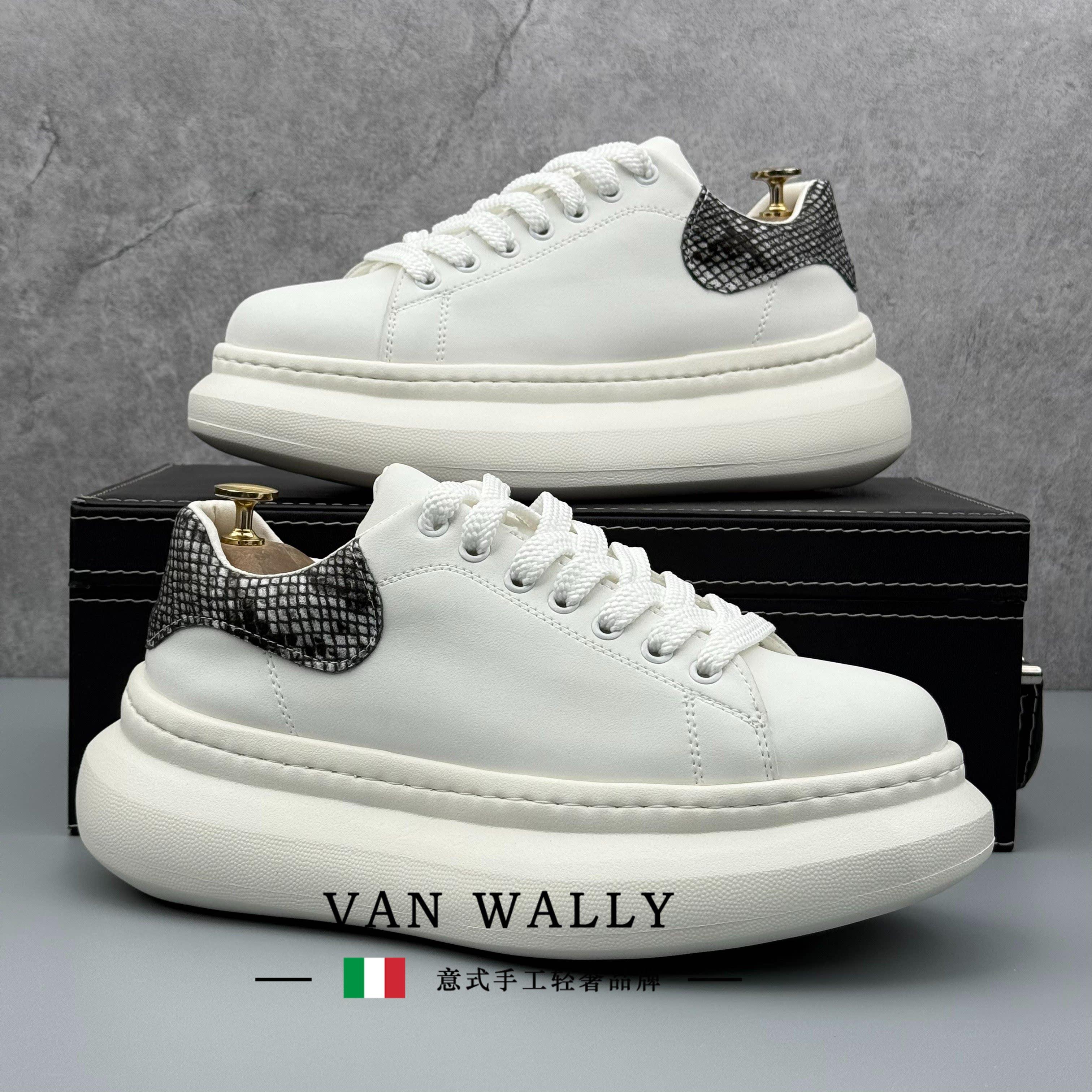 VAN WALLY小白鞋男高级感秋季厚底增高男板鞋白色运动休闲男鞋