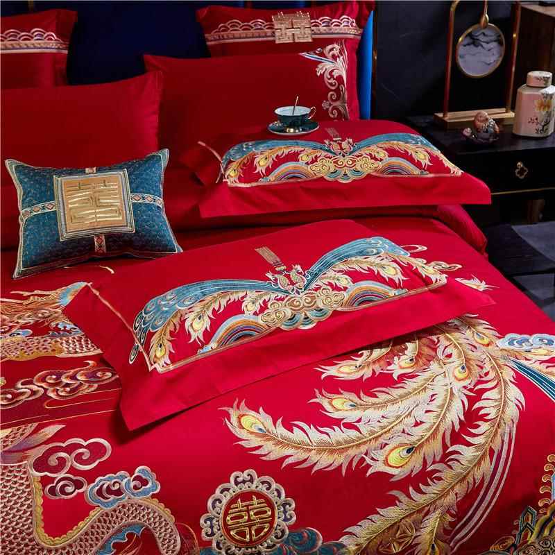 DCZ色大红结股婚全140支双贡缎棉长绒棉婚庆四件套刺绣纯棉多件套