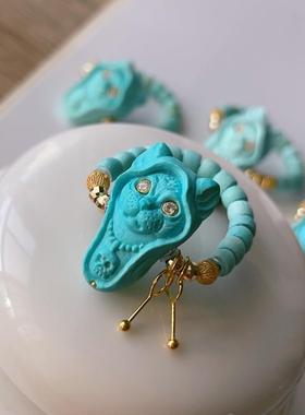 新品天然原矿绿松石法老猫戒指女款18k金配饰指环规格16*12mm左右