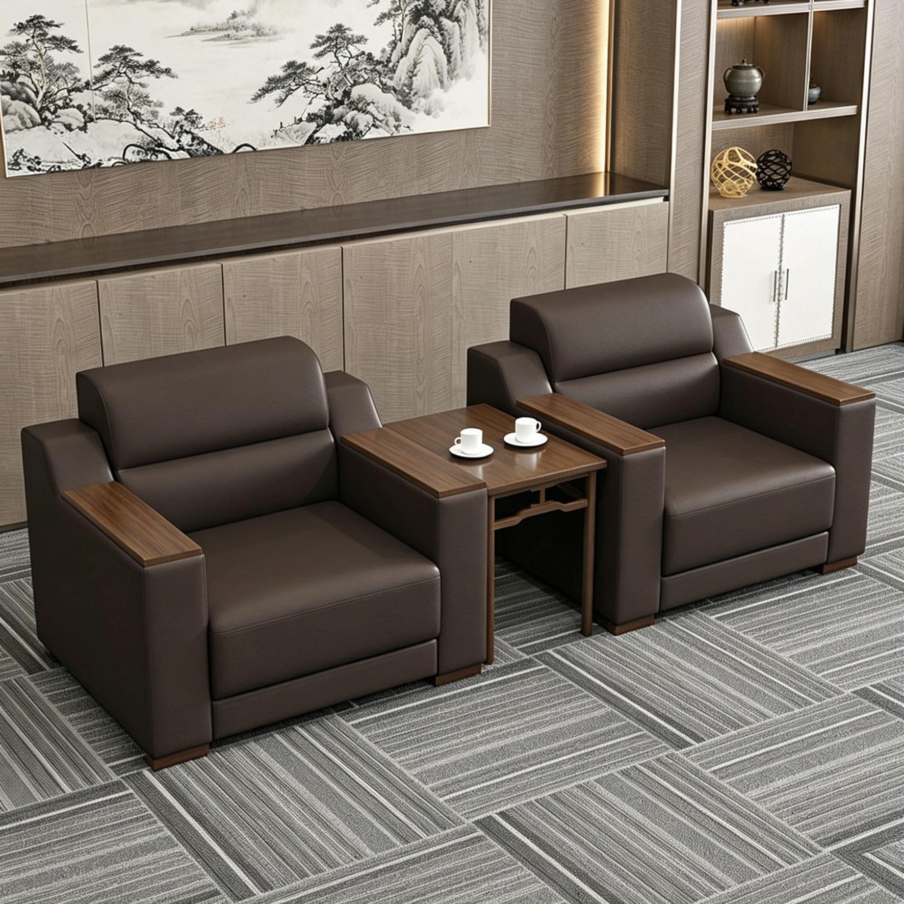 办公沙发办公室会议室贵宾接待室小户型新中式西皮真皮单人位茶几