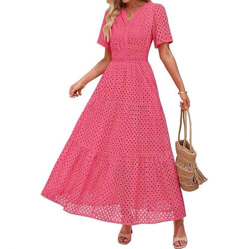 Womens Fall Long Sleeve Maxi Dress V Neck Hollow Out Eyelet