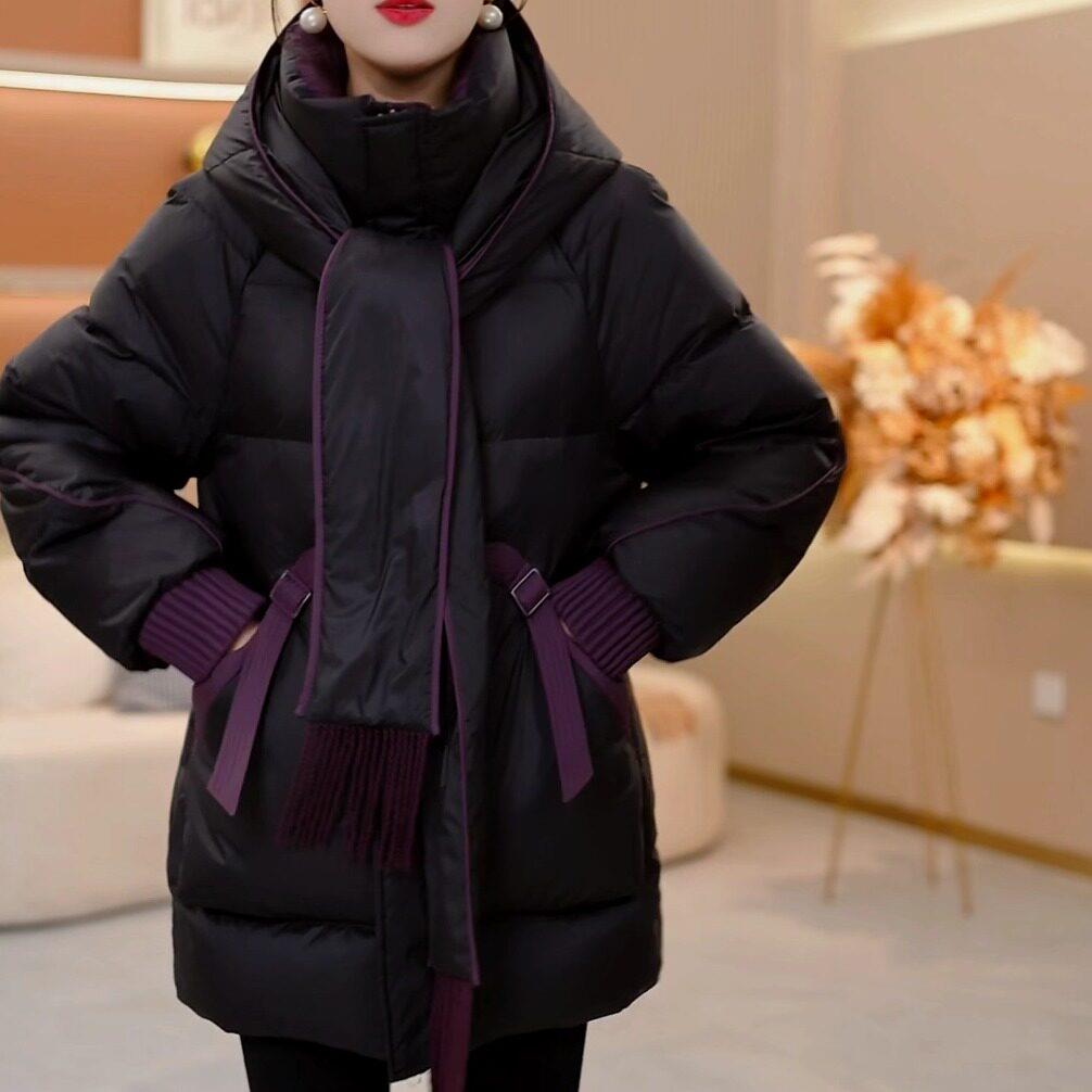 新品黑色时尚拼接中长款连帽羽绒服女2026冬季新款妈妈装加厚保暖