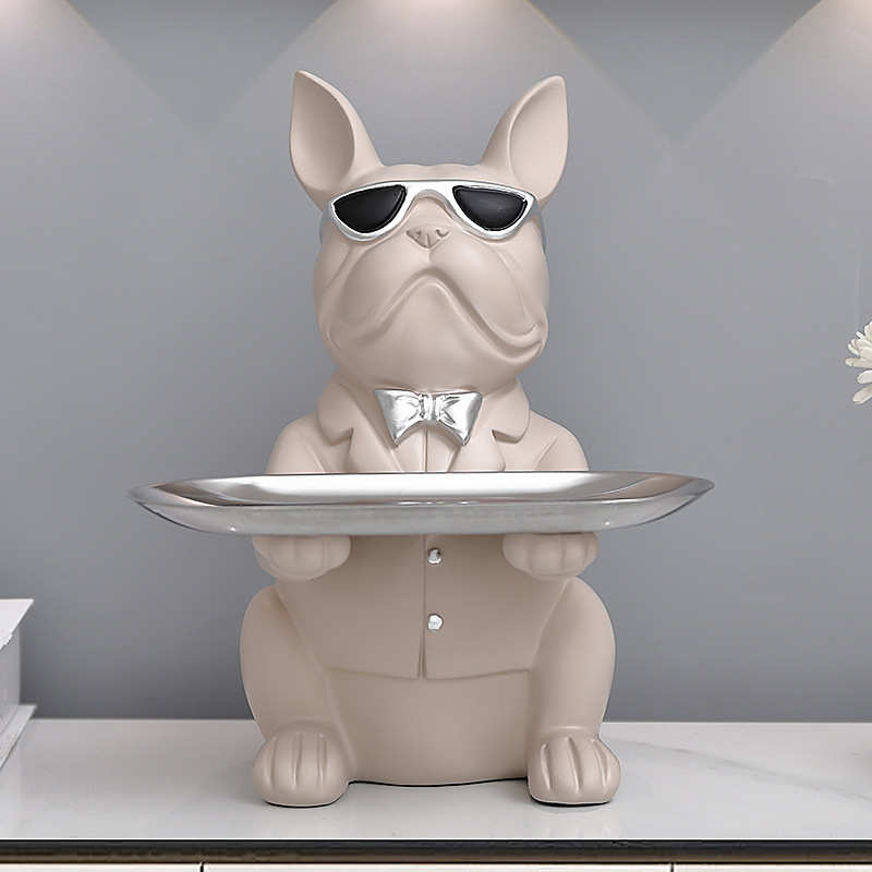 法国斗牛犬雕像与托盘雕塑桌子存储雕像装饰硬币纸币抽象艺术装饰