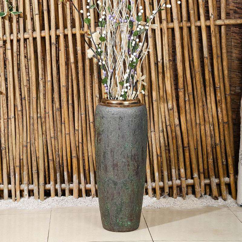 陶罐干花客厅花盆镶金边铜绿锈釉仿古落地花瓶粗陶陶罐景德镇陶瓷