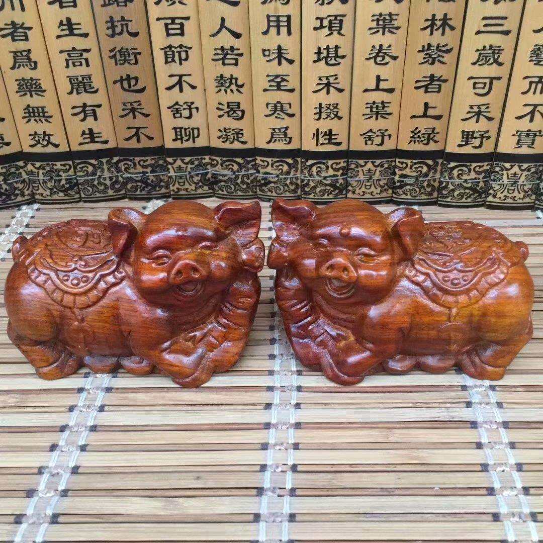 黑檀木如意小福猪摆件十二生肖黑檀木对猪木质工艺品