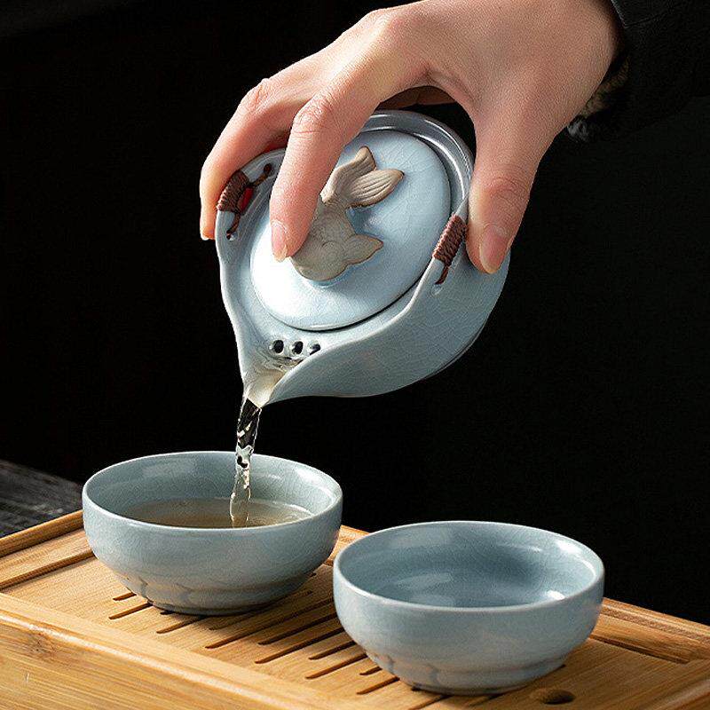 汝窑快客杯一壶二杯单个人专用手抓泡茶壶茶杯可携式旅行茶具小套
