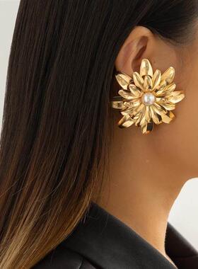 Vintage Metal Gold Color Flower Big Earrings for Women Punk