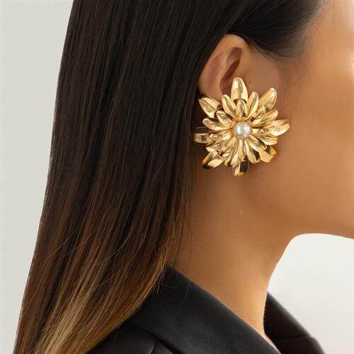 Vintage Metal Gold Color Flower Big Earrings for Women Punk