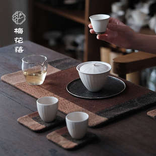 梅花落柿子染茶席刺子绣香云纱手工拼布缝线茶杯垫新中式几席之上