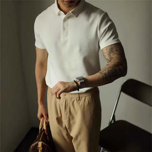 1 Men White Plain Fitted Polo Shirt Knitted Coffee Culture