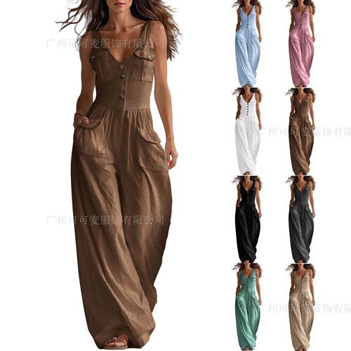 Pocket V-neck vest jumpsuit for women