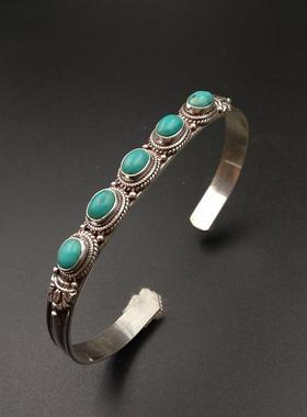 正品印度尼泊尔工松925银饰品手镶嵌绿石手镯女手环 开口复民族古