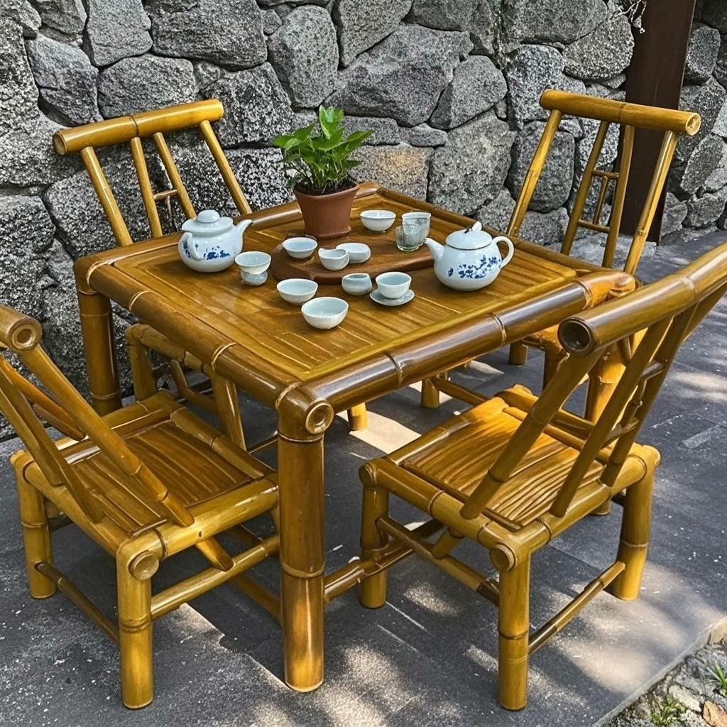 手工竹桌椅组合庭院围炉煮茶户外竹庭院茶几茶桌子家用覆古高级桌