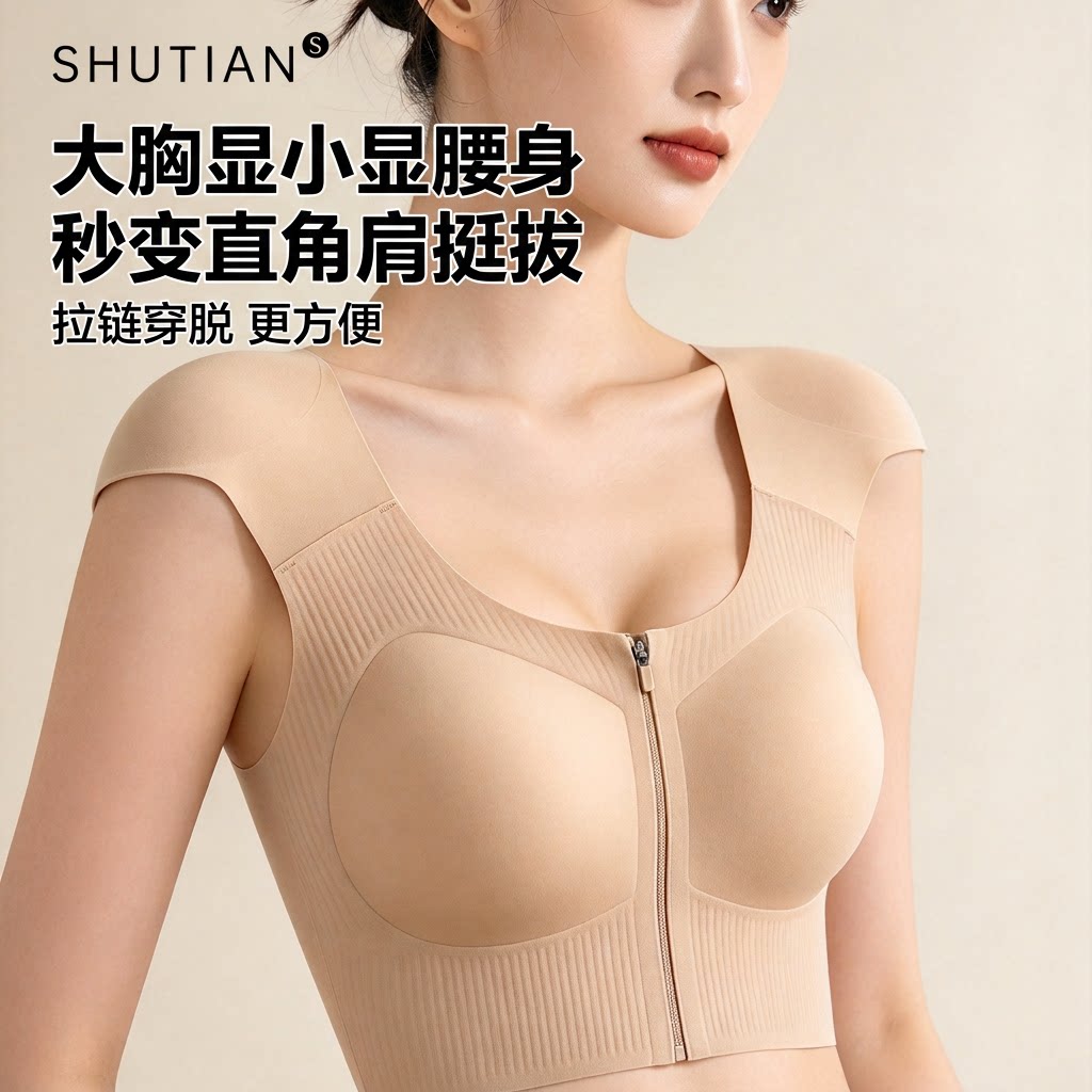 姝甜拉链直角肩垫肩背心大胸显小挺拔无痕塑身美背一体内衣文胸