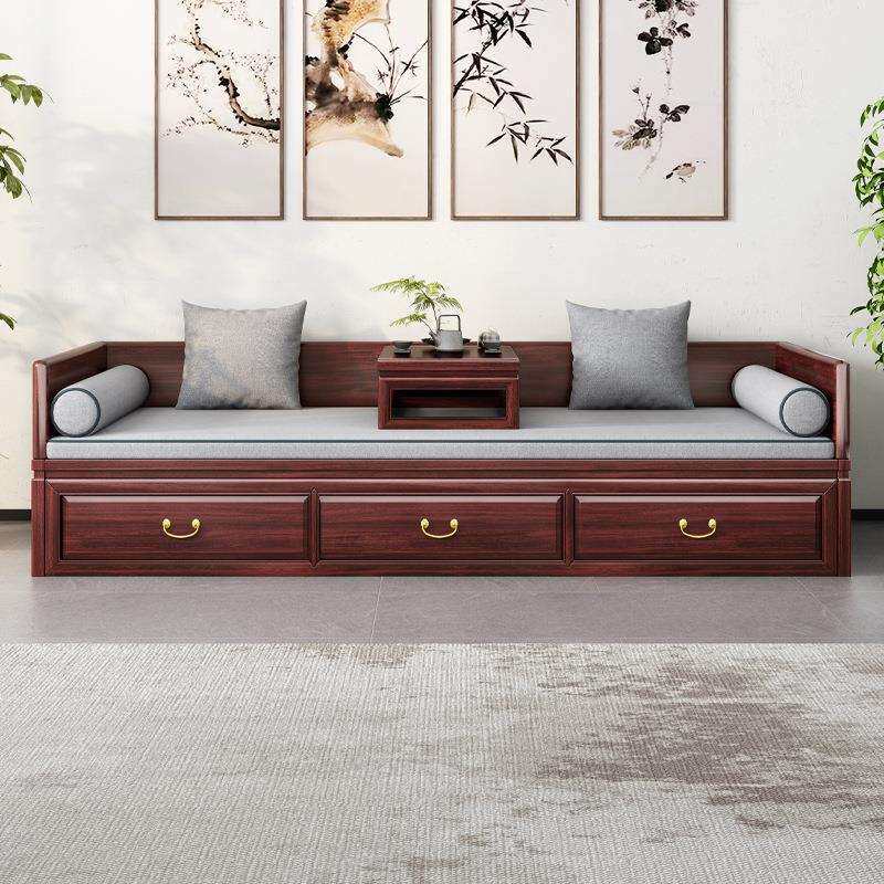新中式罗汉床实木乌金木推拉床客厅贵妃榻伸缩储物带抽屉箱沙发床