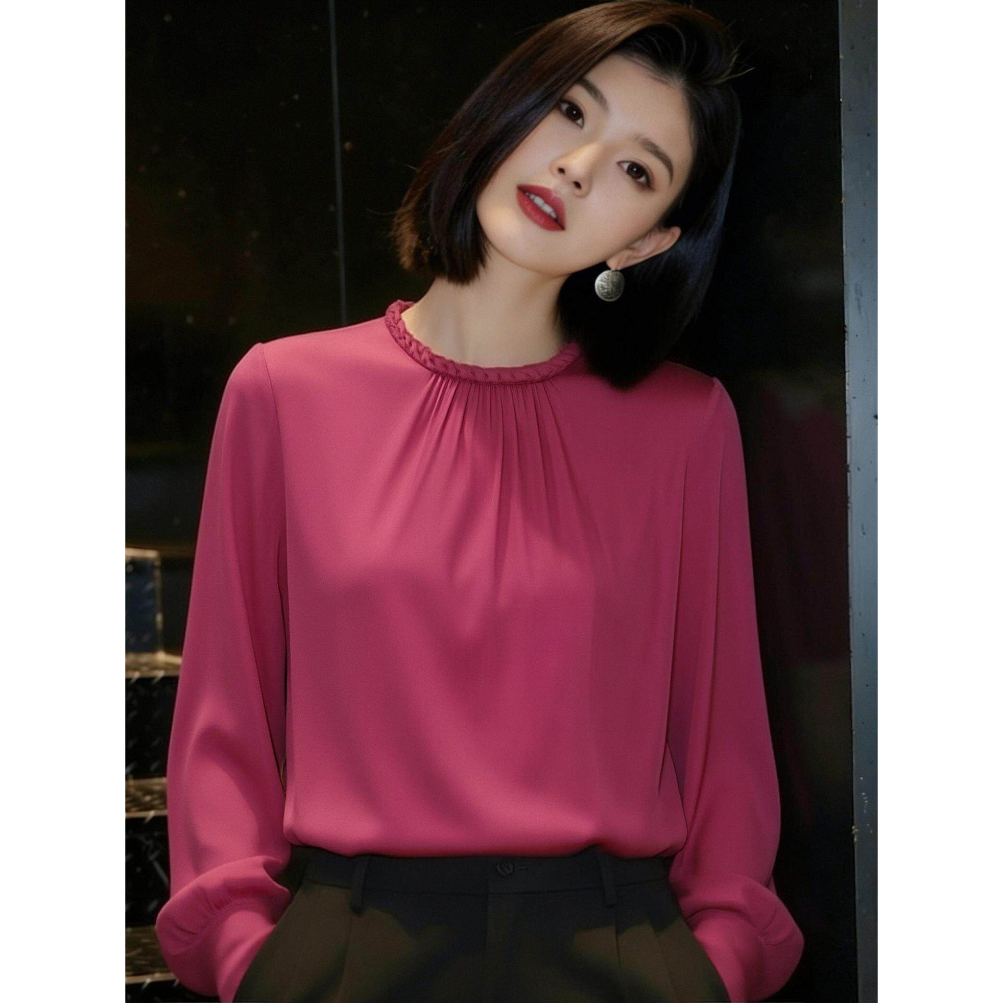 简约风玫红色圆领纯色长袖衬衫女春季新款宽松上衣设计感褶皱衬衣