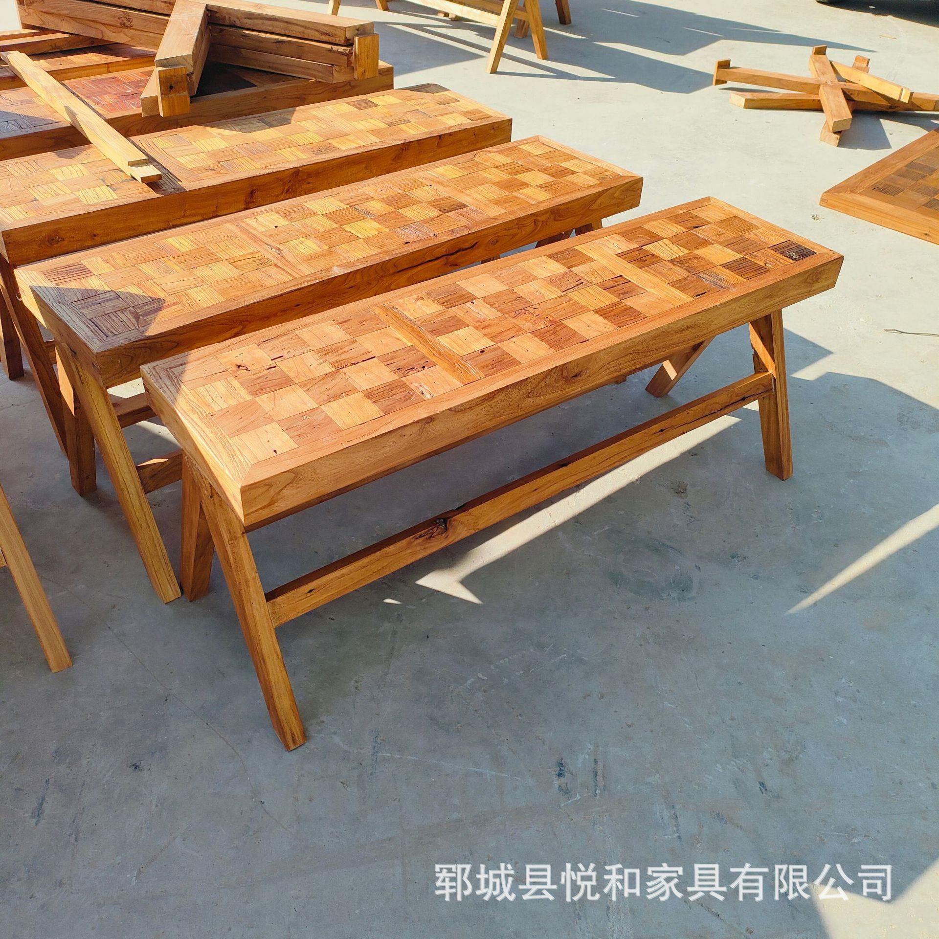 中式老榆木餐桌椅实木拼花长条凳复古风化大板桌简约休闲桌椅组合