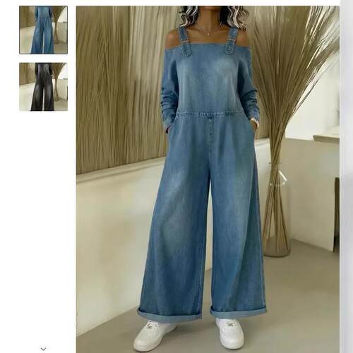 Women's imitation denim printed long sleeved pocket