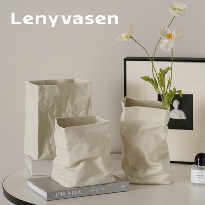 LENYVASEN简约皱褶纸袋花瓶高级陶瓷摆饰插花鲜花器客厅饭厅装饰