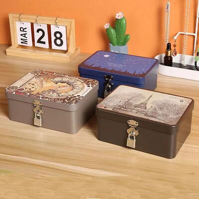 Vintage Large Capacity Tinplate Box with Lock Key Desktop St