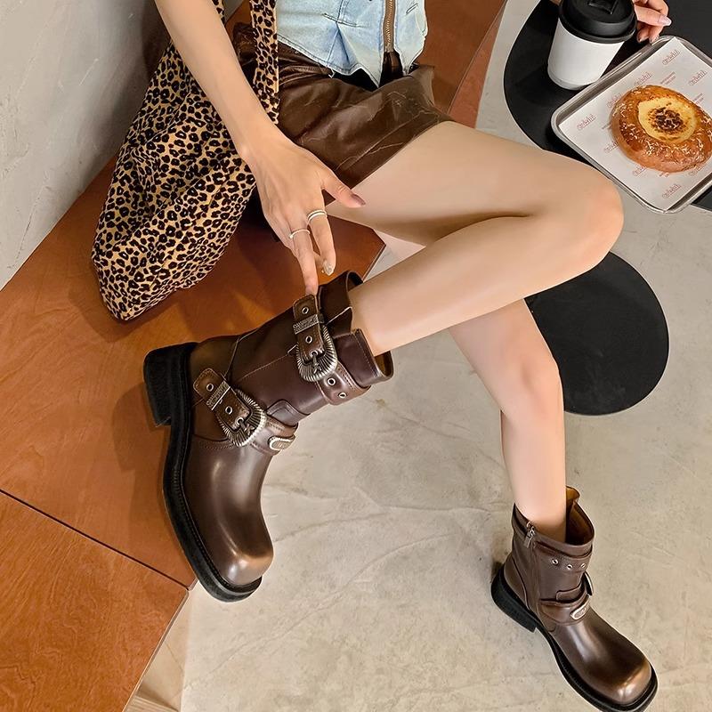 2024春季新款方头中筒靴美拉德机车靴中跟西部牛仔靴潮马丁靴女靴