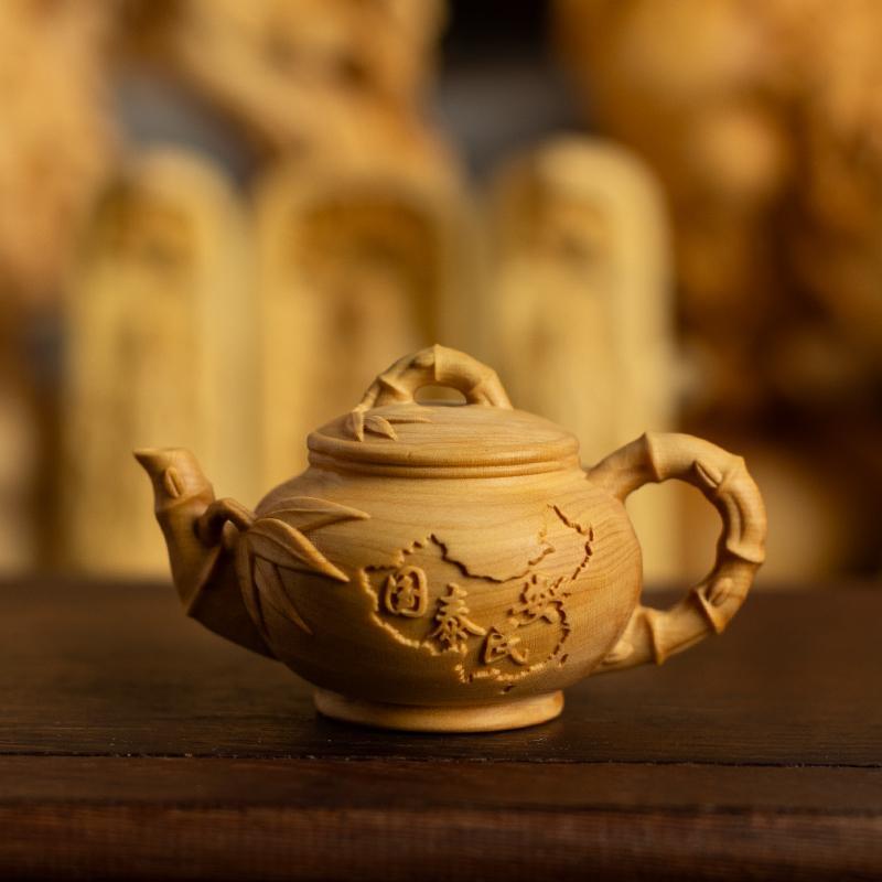 小叶黄杨木雕刻手工艺品手玩把件茶壶国泰民安把把壶文玩收藏摆件