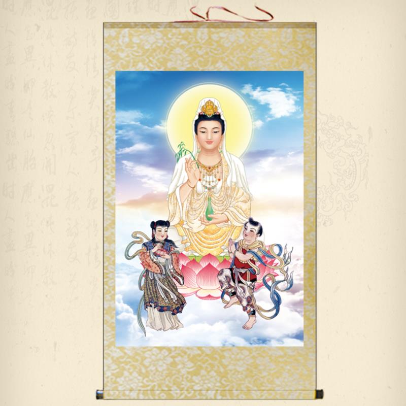 新款高清世音菩萨龙女善财童观子画像挂观画音娘娘佛像佛堂丝绸轴