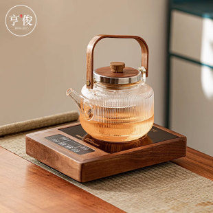 胡桃木电陶炉围炉煮茶器大功率加厚玻璃耐高温蒸煮茶炉提梁壶 新款