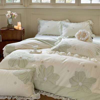 春夏新品40支水洗棉雪纺花边立体花贴布刺绣家用卧室套件