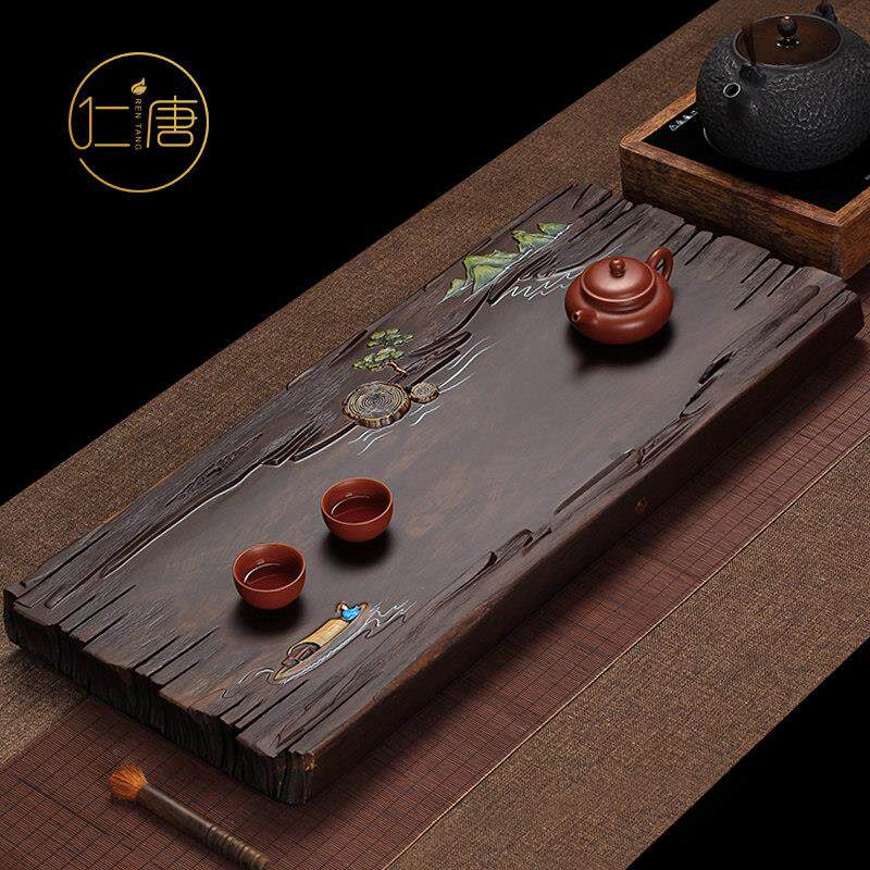 原创手绘黑檀木茶盘整块实木家用茶台现代简约排水茶具茶海托 托