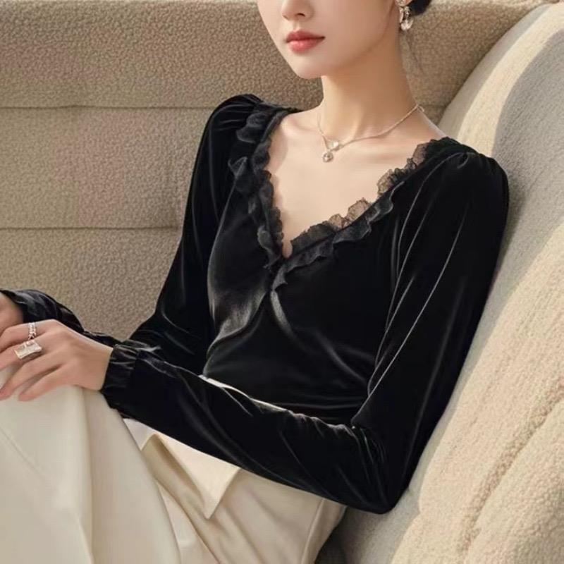 秋冬蕾丝v领长袖衬衫女2024大码女装打底衫感黑色金丝绒上衣1012z