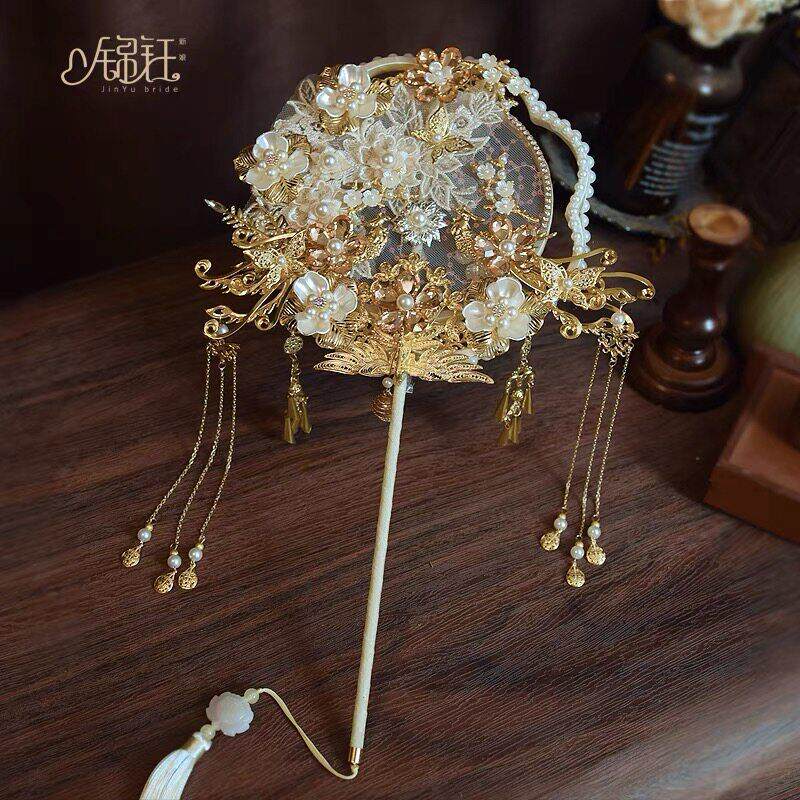 新娘结婚秀禾团扇新中式古风单面手工成品遮面蕾丝花朵团扇