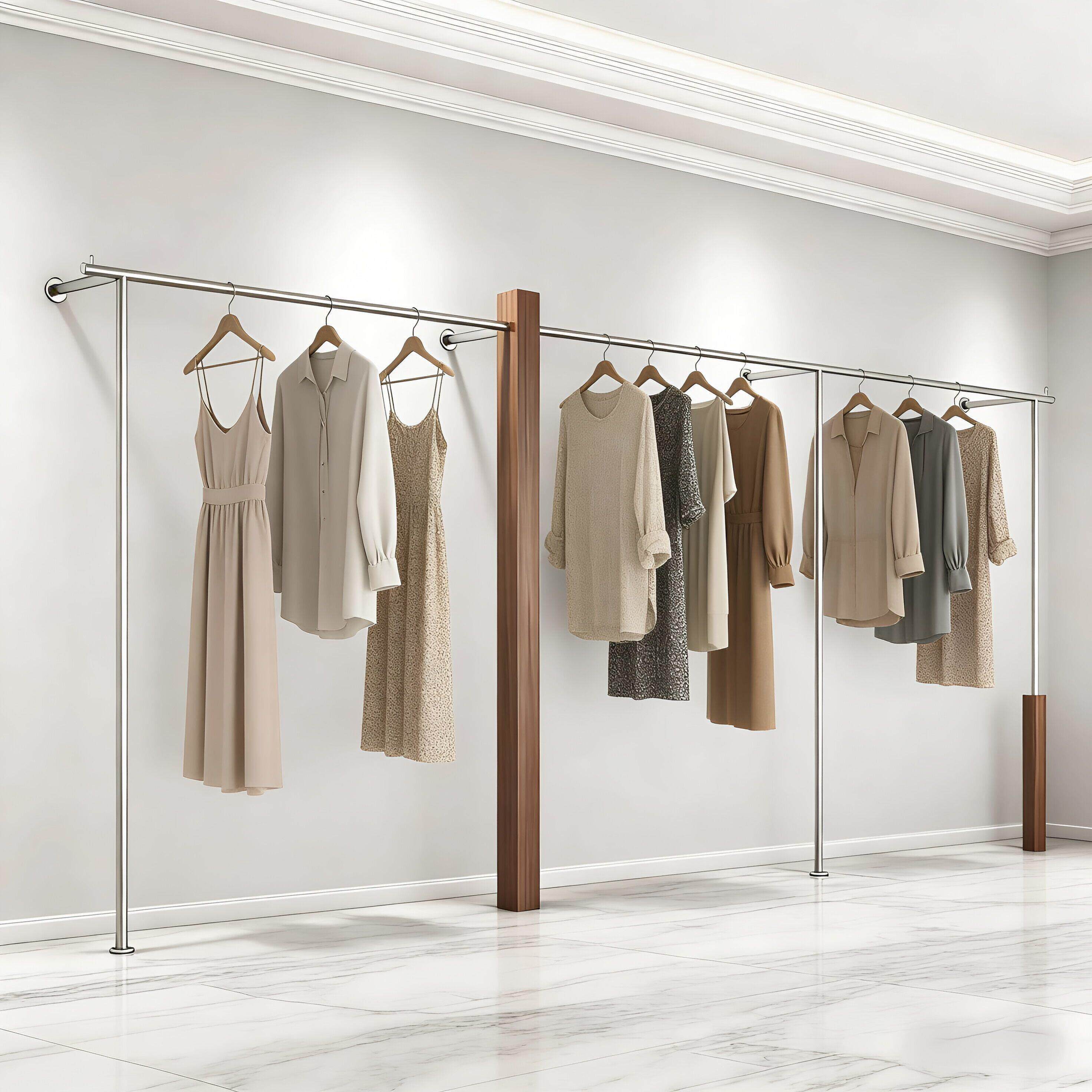 服装店展示架上墙女装店货架不锈钢落地挂衣架童装仿胡桃色陈列架