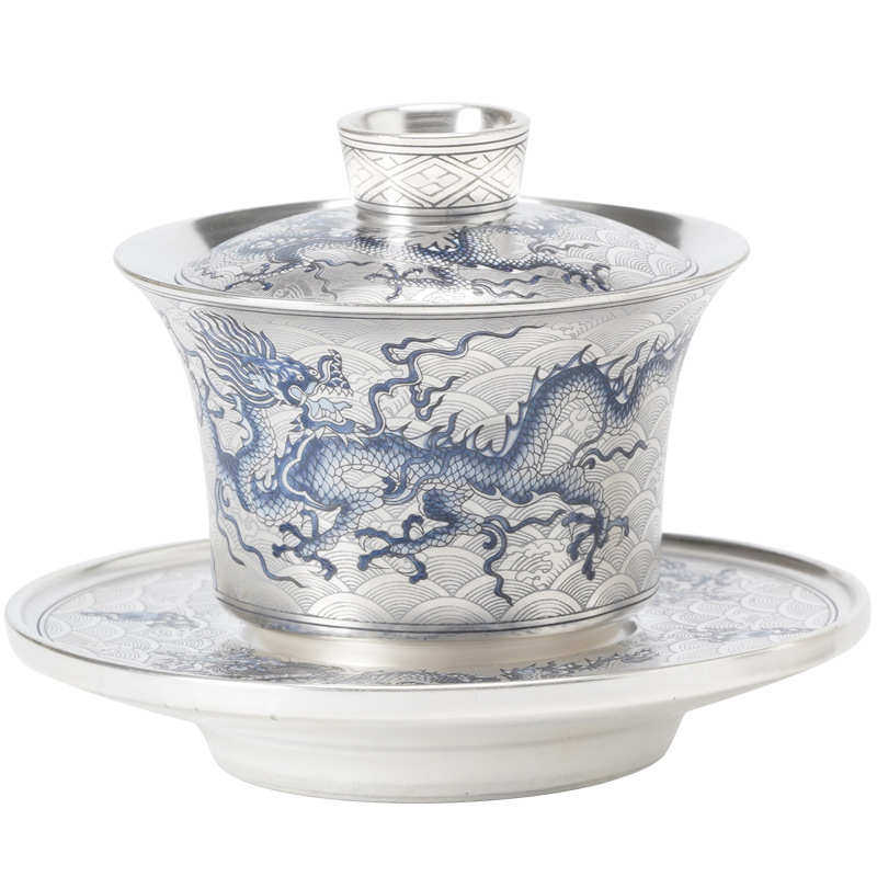 鎏银青花龙纹三才盖碗喝茶杯套装功夫茶具家用陶瓷泡茶碗单个高档